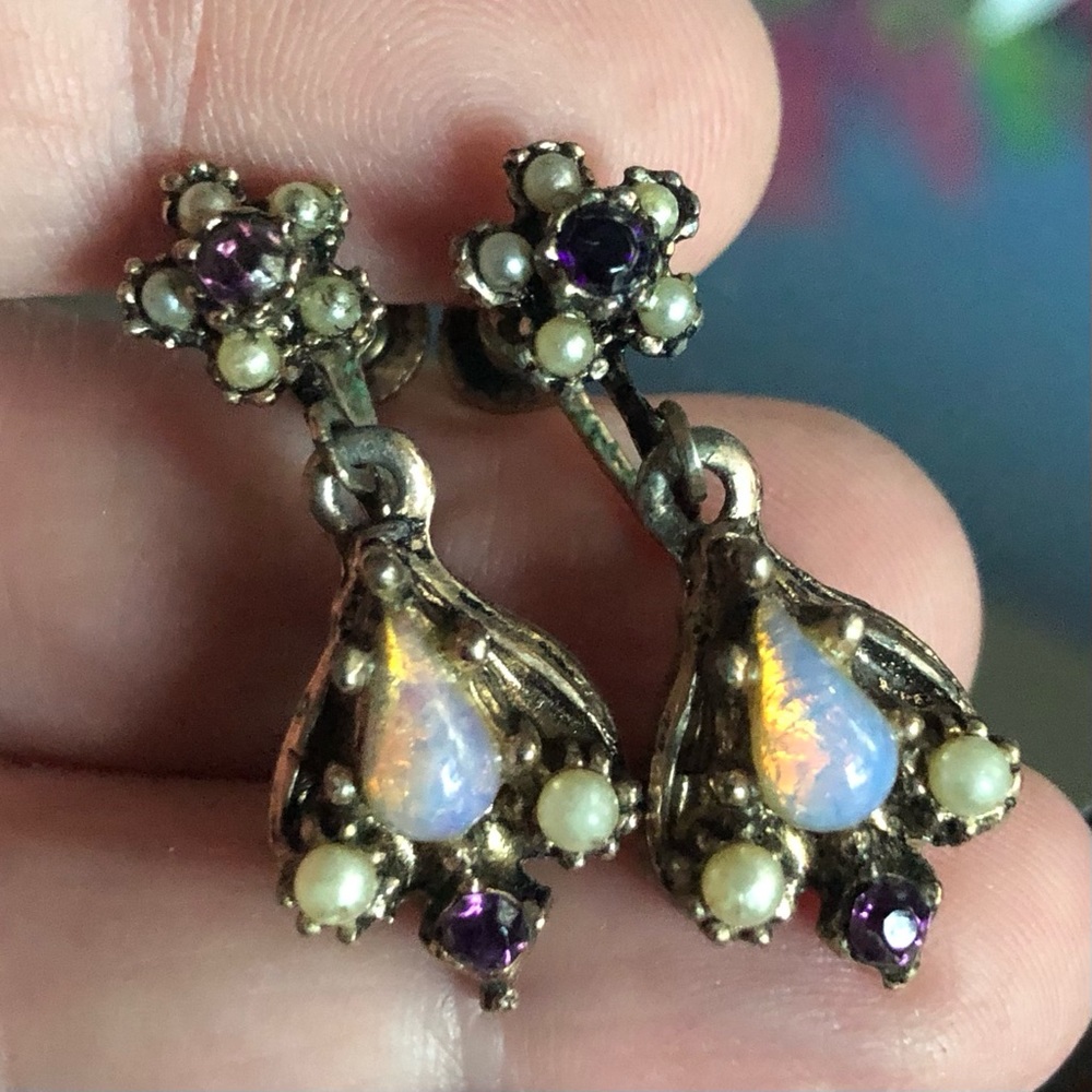 Antique teardrop opalite amethyst mini pearl screw back clip earrings